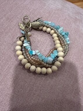 Beaded Multi-Strand Blue & Natural Bracelet with Leaf Charms
